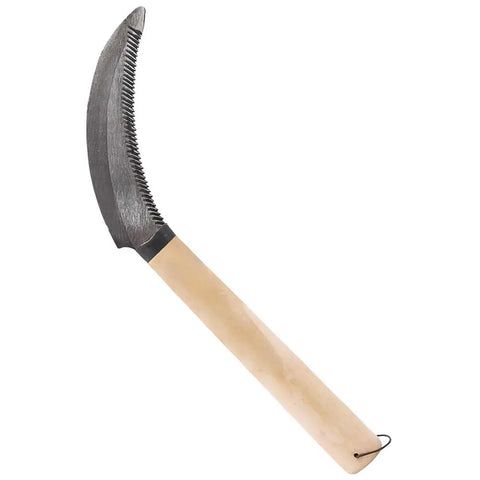 One Handed Berry Harvest Sickle Knife With 4.5 Inch Curved Serrated Carbon Steel Blade For Easy Field Harvesting No Fuss Weeding And Slicing Through Small Stem Bunches, beige wood handle