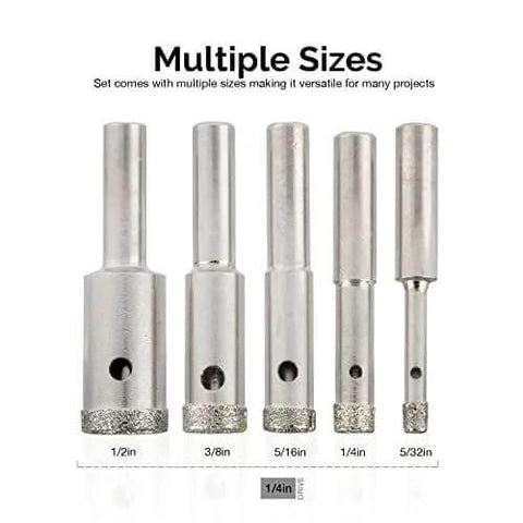 Five-piece diamond hole saw drill bit set with 1/4-inch shanks; sizes 1/2, 3/8, 5/16, 1/4, 5/32 inch