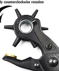 Close-up of Nine Inch Heavy Duty Leather Hole Punch Set With Rotating Wheel Six Punch Sizes, showing counterclockwise direction.