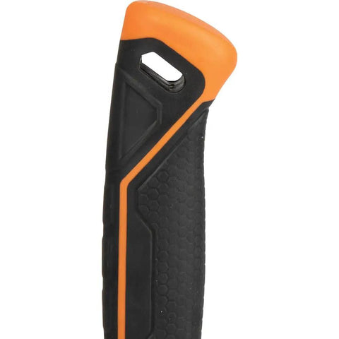 Close-up of the bright orange fiberglass handle of Go To Lineman 26 Ounce Claw Milled Hammer with a textured non-slip grip.