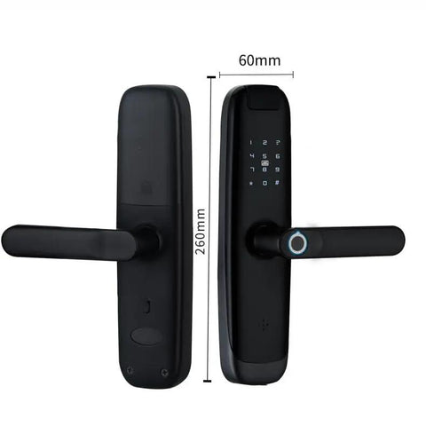 Heavy Duty Smart Door Lock With Fingerprint Card Passcode Keyless Entry Auto Lock Anti Hack Voice Alerts Clean Line Design close-up view.