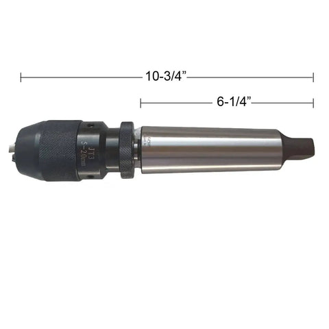Side view of Keyless Drill Chuck Three Sixteenths To Three Quarters Inch With Morse Taper Five For Drill Presses And Lathes Self Tightening Grip Delivers Strong Clamp High Reliability And Stability 0.005 Inch Precision Quenched Key Parts For Long Lasting Durability showing dimensions.
