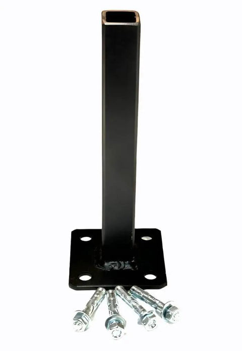 Rock Solid Weld On Repair Base For One Inch Outdoor Iron Stair Railing Posts With Heavy Duty Eight Inch Handrail Bracket and Solid Three Inch Plate in Durable Black Paint With Bolts on display.