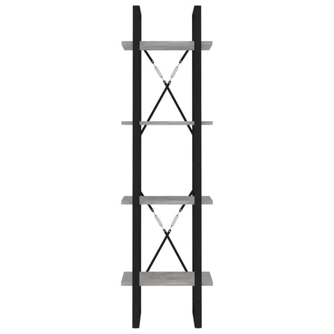 Front view of Industrial 4 Tier Book Cabinet 55.1 Inch Tall Open Shelves Display Rack in Concrete Gray and Black Engineered Wood