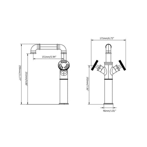 Diagram of Industrial Pipe Vessel Sink Faucet Matte Black 1-Hole 2-Handle Solid Brass Bathroom Faucet With Lead-Free Construction, High Arc Spout
