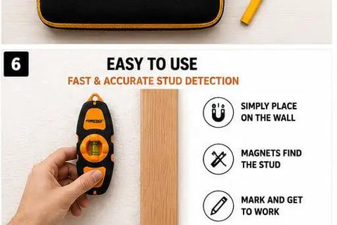 FORGEDGE Magnetic Stud Finder Set, 2-Pack with Level, Tape Measure, Carpenter Pencil & Storage Case in use detecting a stud.
