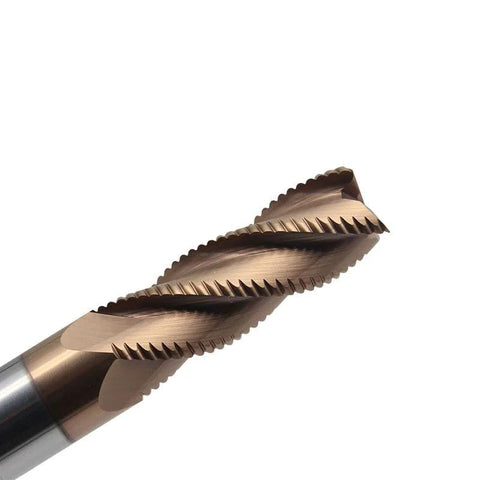 Close-up of carbide roughing end mill, 4-flute, 1/4-inch shank, bronze finish