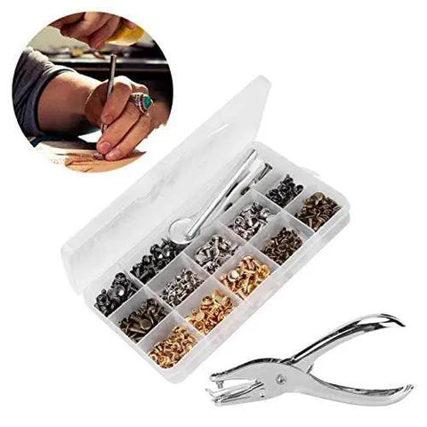 Heavy Duty Double Sided Rivet Plier Kit With 240 Piece Leather Snap Fastener Collection showing pliers and snap fasteners in storage box.