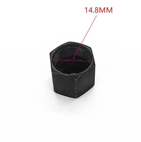Close-up of a black nut from the Four Pack Cut Out Tool Collet Chuck Kit For DW660 And DC550 Palm Routers, showing 14.8MM dimensions.