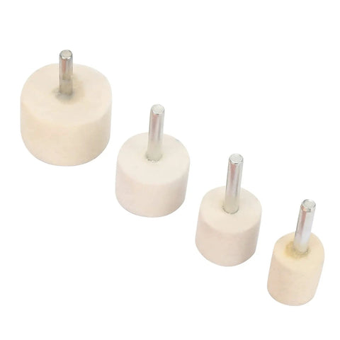 Set of four felt buffing wheels for Total Game Changer Glass Scratch Remover Kit with metal shafts, ideal for deep scratch repair.