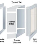 Components of a Premium Bronze Wall Mount Pet Door For Heavy Duty Cats And Dogs Large Plus Frame with tunnel pieces and frames.