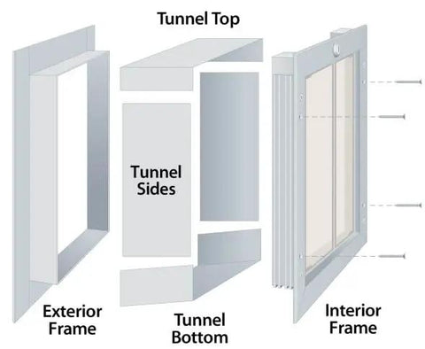 Components of a Premium Bronze Wall Mount Pet Door For Heavy Duty Cats And Dogs Large Plus Frame with tunnel pieces and frames.