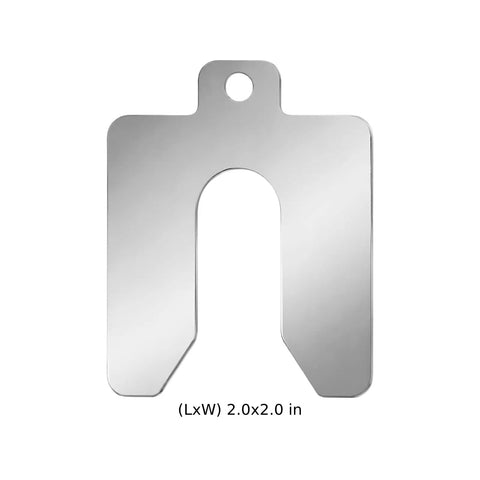 Heavy Duty 304 Stainless Steel Slotted Shims, 80 Piece Precision Layout Kit With Rugged Carrying Case, showing a 2x2 inch shim with a u-shape slot.