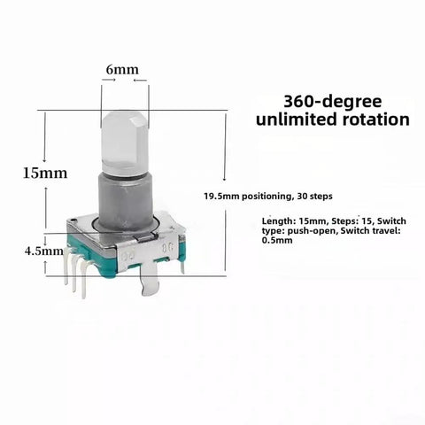 30-Position Rotary Encoder Switch With 15-Pulse Per Rotation And Integrated Push Button, Zero Point Five Millimeter Travel, Vertical Mount
