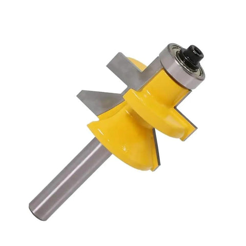 Get The Drop On Woodworkin With This Super Cool 2 Piece 8mm Shank V Groove Matched Tongue Router Bit Set showing a yellow V groove router bit.