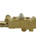 Powerworks PV4 brake proportioning valve, brass body with white plastic fitting, side view