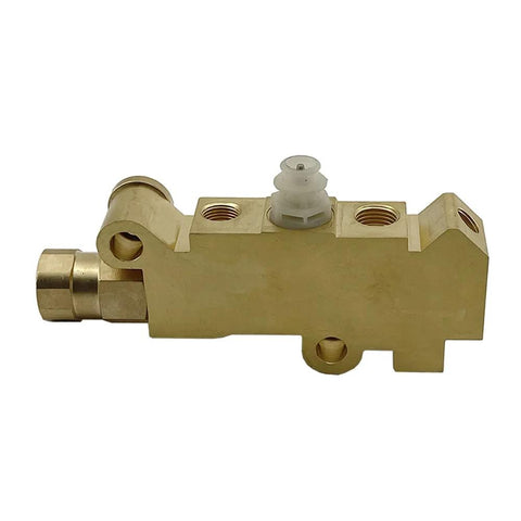 Powerworks PV4 brake proportioning valve, brass body with white plastic fitting, side view