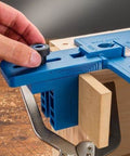 Corner Key Doweling Jig for Decorative Mitered Joints With Molded Reference Lines and Drill Guides, Pro Grade Dowel Tool Kit clamped on wood