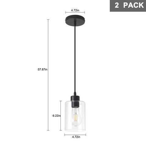 Modern Black Farmhouse Clear Glass Cylinder Pendant Lights Dual Pack For Kitchen Island, 4.75 Inch Shade, 58 Inch Cord