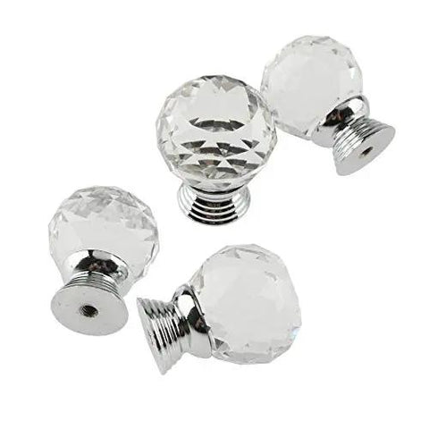 Top Notch Crystal Glass Cabinet Knobs And 30mm Drawer Pulls In A Pack Of Ten With Crisp Clear Finish For Kitchen Cupboards Or Closet Drawers With Slick Hardware that showcase four crystal knobs with chrome bases.