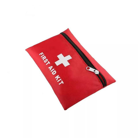 Red zippered first aid kit pouch; compact travel medical kit