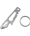 Handy Stainless Steel Pocket Tool With Hex Wrench And Bottle Opener For Camping And Hiking shown with keyring attachment.