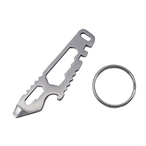 Handy Stainless Steel Pocket Tool With Hex Wrench And Bottle Opener For Camping And Hiking shown with keyring attachment.