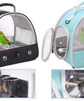 Two compact bird carriers with clear plastic domes, black and teal fabric, top handles.