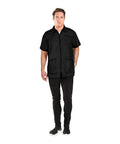 Sleek Black Barber Jacket With Zippered Front And Contrast Pockets Xl Nylon Short Sleeve Top For Salons worn by a model.