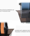 Pro Grade Electric Knife Sharpener And Water Cooled Bench Grinder Built For Wet Or Dry Grinding On Chisels And Plane Blades Featuring A Hassle Free Cooling Rig For Dead Fast Results, showing adjustable water level and abrasive paste.