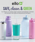 Assorted reusable water bottles by Ello on display, featuring different colors and designs with a focus on sustainability and style.
