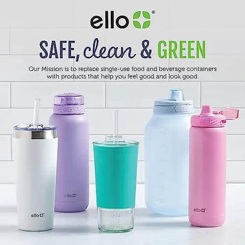 Assorted reusable water bottles by Ello on display, featuring different colors and designs with a focus on sustainability and style.
