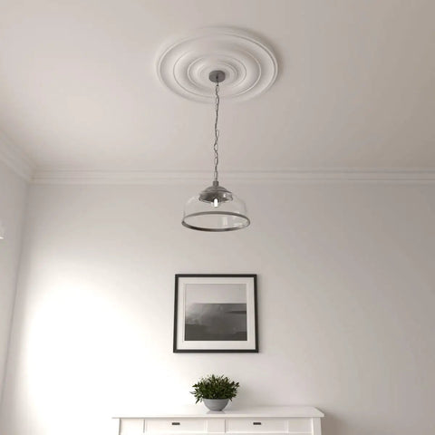 Jefferson Ceiling Medallion Perfect For Adding Gorgeous Architectural Detail To Your Ceiling This Factory Primed Piece Features A Twenty Six Inch Outer Diameter Fits Canopies Up To Five Inches For Quick And Easy Diy Install installed with a hanging light fixture.