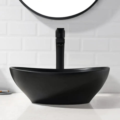 Round Vessel Bathroom Sink With Black Faucet And Pop Up Drain White Porcelain Ceramic Above Counter Vanity Set 16x16 Inch Clean Modern Look For Small Bathrooms And Master Ensuite Upgrades showcasing matte black design.