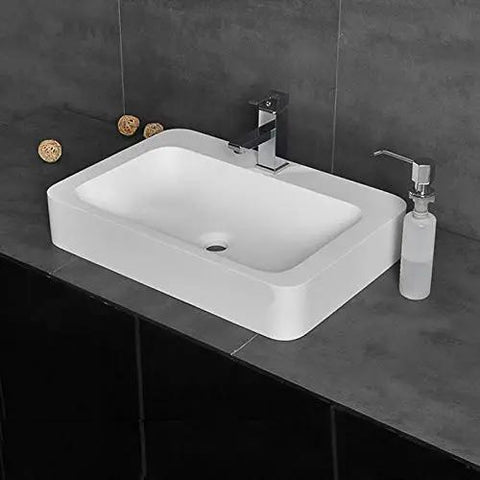 Slick Rectangular Bathroom Vessel Sink Crafted From Heavy Duty Artificial Stone Table Top Basins Featuring Thick Edges That Hold Up Over Years Durable White Countertop Washbasin on dark vanity