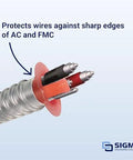 Close-up of Sigma ProConnex AC/Flex anti-short bushings on a flexible conduit end; orange adapters and red inner parts.
