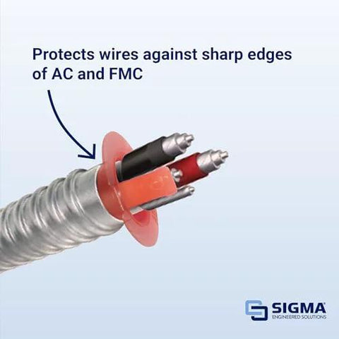 Close-up of Sigma ProConnex AC/Flex anti-short bushings on a flexible conduit end; orange adapters and red inner parts.