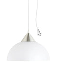 Dead Center Style Plug And Play Pendant With Brushed Steel Finish Frosted White Shade And A No Sweat 15 Foot Clear Cord With Inline Switch, pendant light with white shade and steel top, plug-in design.