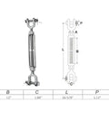 Rock Solid T316 Stainless Steel Jaw Jaw Turnbuckle 1-1/4 By 12 shows dimensions and working load of 12500 lbs for marine rigging.