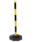 Heavy Duty Elastic Warning Bollard Post With Rock Solid Bounce Back Shield For Tight Parking Spots And Driveway Guard, black and yellow.