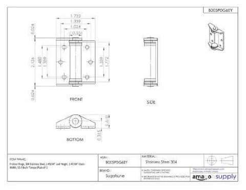 Technical drawing of Friction Hinge For Monitors And Displays In 304 Stainless Steel, 303 Pin, 6-Hole Mount, dimensions and specifications shown.