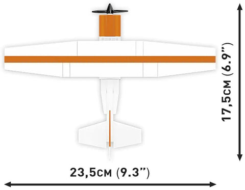 Top view of Cessna 172 Orange Skyhawk 1:48 Scale Building Set with wing and tail construction, dimensions 23.5cm x 17.5cm