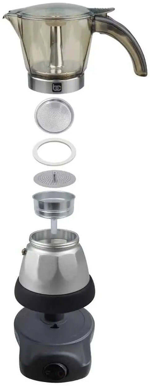 Exploded view of Black Espresso Coffee Maker With Transparent Carafe Brews 1 Or 3 Cups In About 5 Minutes With Auto Shut Off