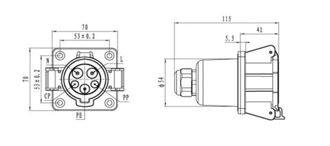 Built Tough Type 1 J1772 EVSE Inlet With 3.2 FT Level One And Two Charging Cable 16 Amp Electric Vehicle Socket Port dimensions diagram.