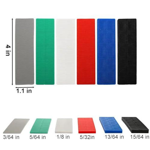 Okllen plastic flat leveling shims, six-color set (grey/green/white/red/blue/black) sizes 3/64–15/64 in