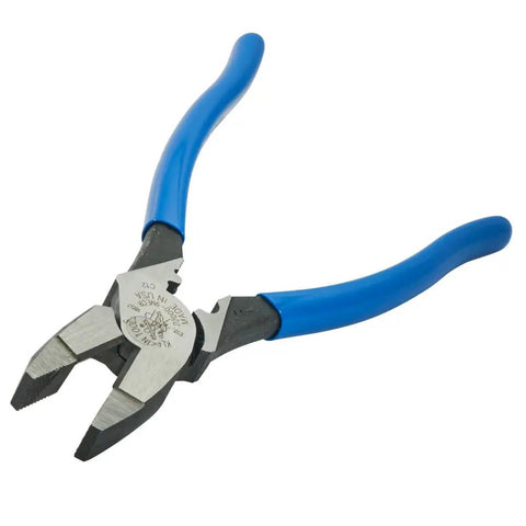 Linemans Pliers With Built In Crimping D2000-9NECR Beefy Heavy Duty Workhorse Design with blue handles, angled view