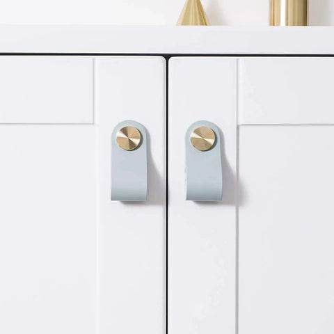 Rock Solid Set Of Six Premium Genuine Cowhide Leather Drawer Pulls With Brass Screws handmade light green cabinet handles on white furniture.