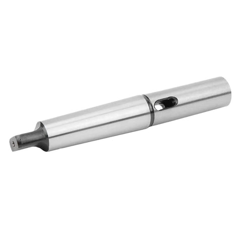 Side view of taper sleeve elongation reduction adapter for lathe; metal cylindrical body with dark conical tip and side slot.