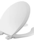Open Front Wood Toilet Seat With Built To Last Durability And Hinges That Stay Tight Made In USA Round White For Easy Accessibility And No Wobble Clean Modern Look, shown open and round.