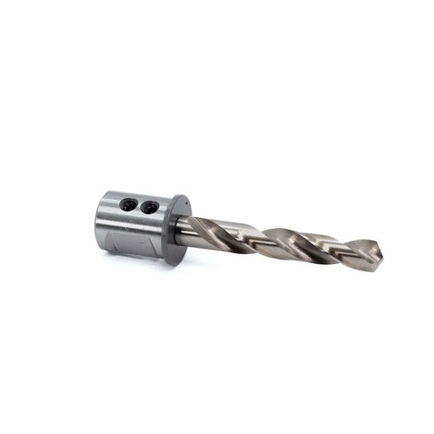 Side view of 3/8 in annular cutter with 3/4 in Weldon shank and magnetic drill adapter